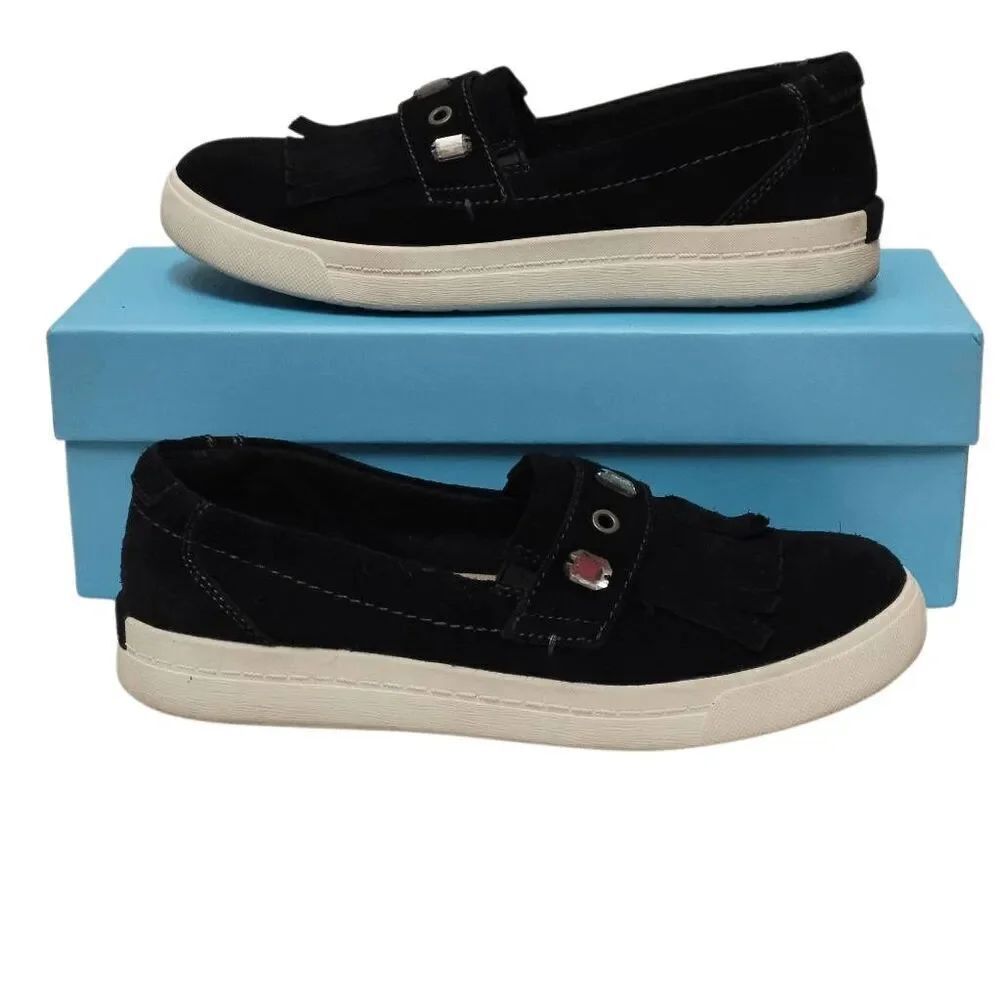 EARTH ORIGINS Women's Black Suede Leather Fringe Mabel Loafers Shoes 6,5 W/BOX